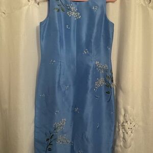 Ann Taylor - Light Blue Silk, Floral Embroidered Dress